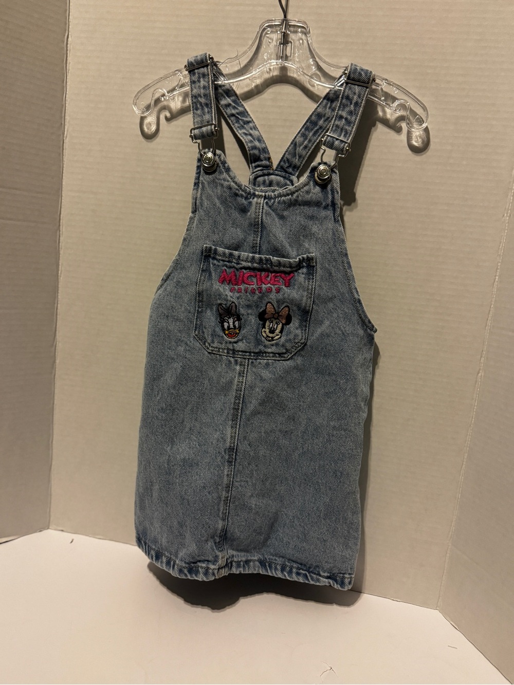 Zara Disney Light Blue Denim Overall Dress with Embroidered Minnie & Daisy